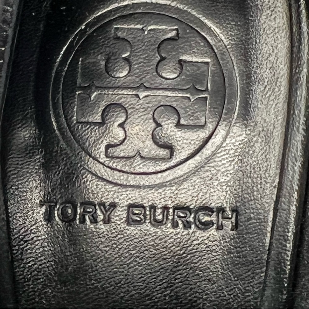 Tory Burch Black Leather Peep-Toe Wedge with Silver Logo - Picture 9 of 10